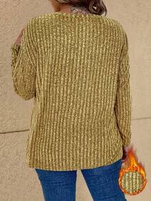 Vionelle Plus Size Women Drop Shoulder Casual Ribbed Knit Pullover T-Shirt, Autumn/Winter - Yellow - View 2
