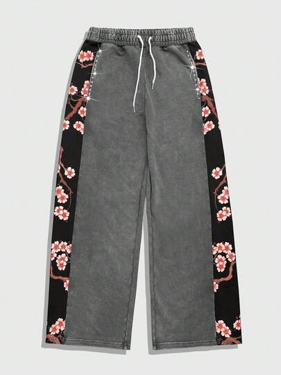 Street Life Men's Casual Fashion Street Vacation Style Floral Print Drawstring Waist Rhinestone Embellished Loose Wide Leg Pants, For Fall