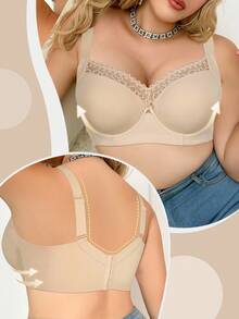 SHEIN 1pc Plus Size Lace Patchwork Underwire Bra With Wide Straps, Comfortable And Supportive, Lift - Beige - View 7