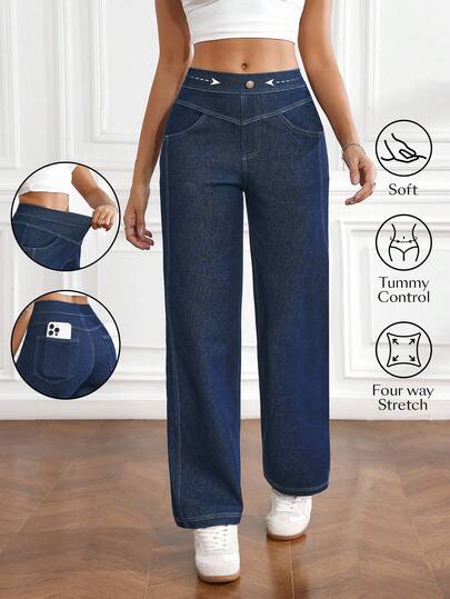 Flexra 女式口袋直筒宽松休闲百搭牛仔裤