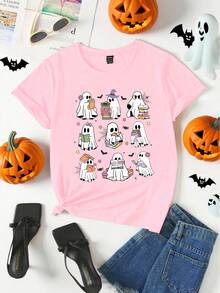 万圣节角色扮演休闲创意格子书鬼印花圆领短袖T恤女款 - 粉色 - 查看 6