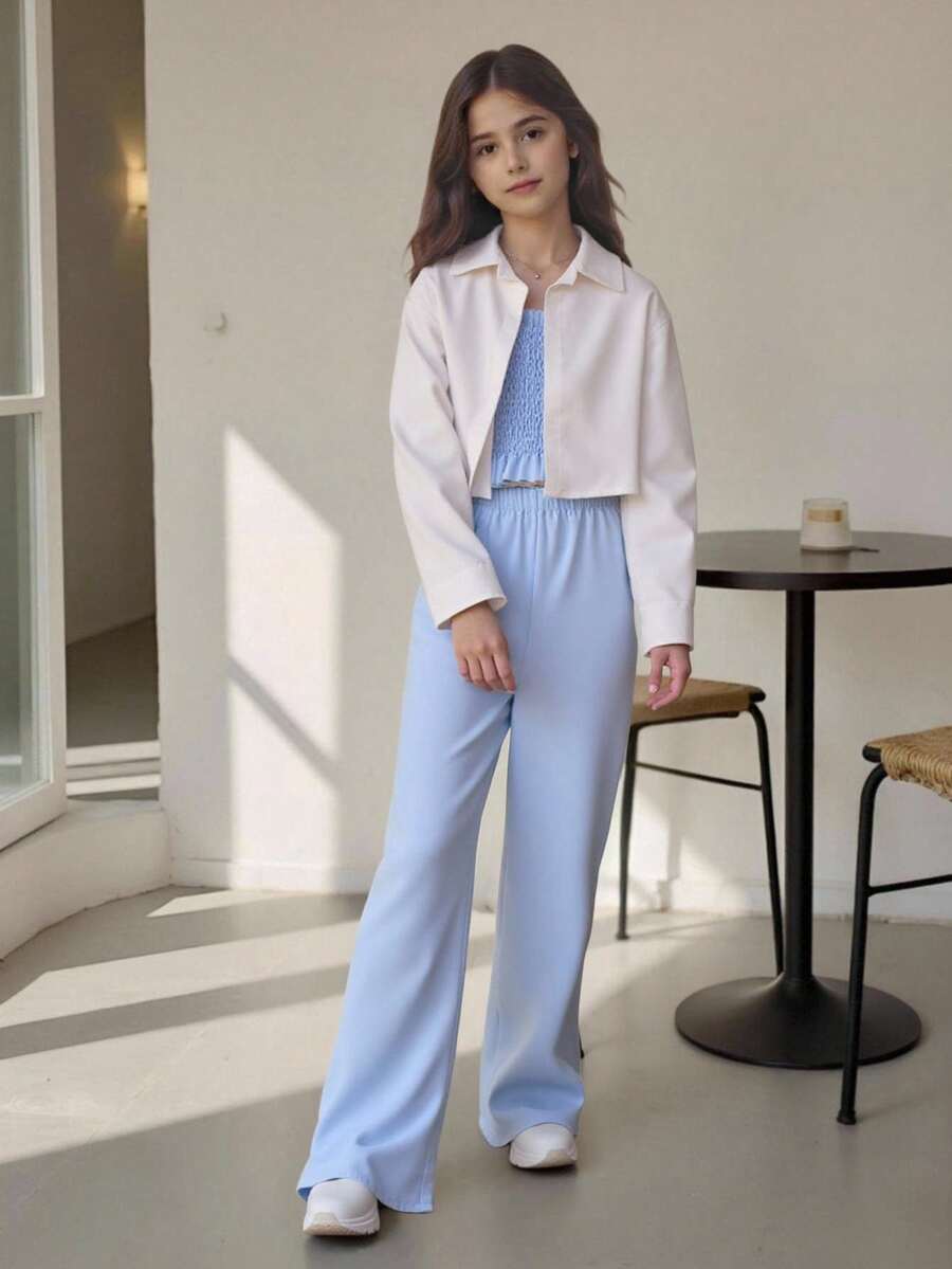 Tween Girl Solid Blouse & Wide Leg Pants & Shirred Cami Top - Blue - View 1