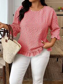Weeklong Plus Size Women Casual Plaid Ruffle Trim 3/4 Sleeve Shirt - Red - View 5