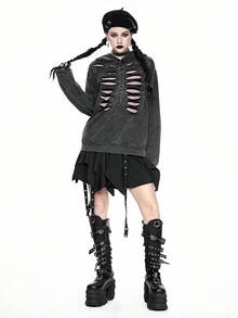 ROMWE Áo nỉ dài tay có mũ trùm đầu in hình đầu lâu khoét rỗng phong cách Gothic dành cho nữ, Halloween - Xám - Xem 11