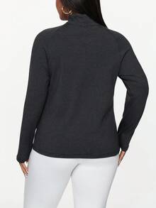 Rhythm Era 大码女式秋季字母印花插肩袖拉链半开襟休闲卫衣，运动健身卫衣，运动服 - 黑色 - 查看 2