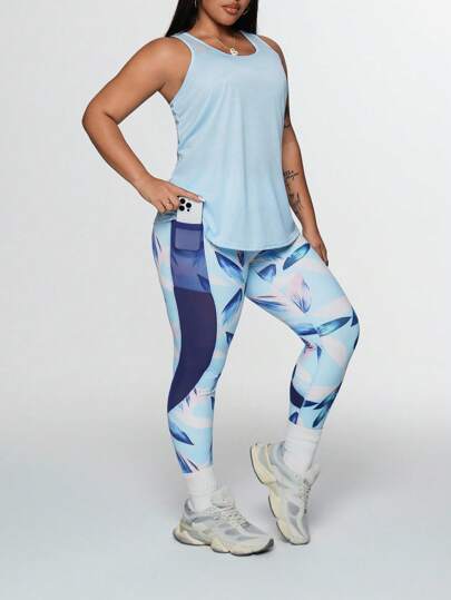 Rhythm Era Plus Size Women's Lightweight Round Neck Camisole And Mesh Patchwork Pants Sports Suit, Summer Workout Sets Y2k Glowmode