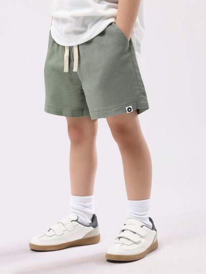 SUMWON 儿童亚麻短裤，星形标志，休闲抽绳松紧腰，夏季度假短裤，沙滩侧袋，常规版型，日常玩耍服