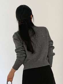 DAZY 女士纯色长袖休闲串珠短款开衫，秋季亮片 - 灰色 - 查看 4