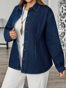 SHEIN CURVE+ 女士加大码深牛仔蓝收腰长袖牛仔衬衫，适合所有场合，万圣节服装，乡村风格，时尚秋季 - 深色水洗藍 - 查看 1