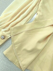 Elenzga 女士优雅浪漫定制西装套装，长袖泡泡袖夹克和直筒裤 - 黃色 - 查看 7