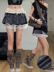 Coolane 女款夏季 Y2K 街头风复古网眼牛仔脏脏拼布裁剪工艺褶皱低腰迷你裙 - 深灰色 - 查看 1