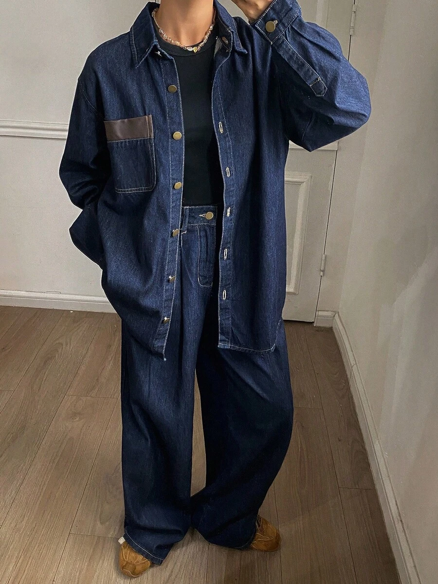 Livesso Bộ 2 áo sơ mi và quần denim rộng rãi thoải mái cho nữ, giặt cũ, thu/đông - Màu xanh lam - Xem 1