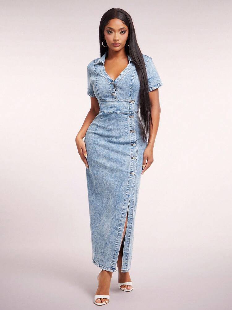 Radiana Ladies' Sexy Stretchy Denim Dress, Short Sleeve V-Neck Bodycon Dress, Blue