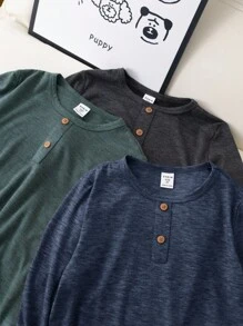 SHEIN 男童三件套舒适休闲风格木纹质感面料纽扣 Polo 领长袖 T 恤，三种颜色可选，适合居家、休闲、户外、玩耍、学校、校园、学院等场合，秋冬季时尚百搭。 - 藍色 - 查看 5