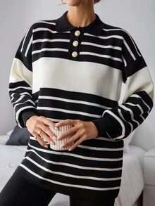 EURMUSE Set de pantaloni și pulover cu guler polo și nasturi în față cu model de dungi pentru femei - Alb-negru - Vizualizare 3