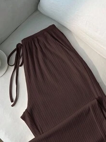 Flirla Women's Casual Solid Color Ribbed Drawstring Waist Loose Wide Leg Pants - Brown - View 5