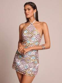 Glamine 女式几何亮片性感露背夏季紧身连衣裙 - 藍色 - 查看 6