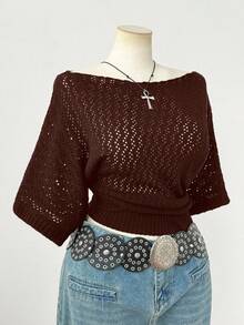 Sunspun 大码女式时尚优雅深色 Y2K 风格短袖针织上衣，适合春夏秋装，适合通勤 - 咖啡棕 - 查看 2