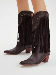 Styleloop CUCCOO 女式尖头粗跟流苏铆钉西部中筒靴 - 咖啡棕 - 查看 2