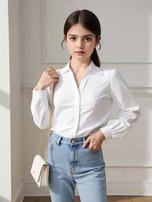 SHEIN Tween Girl Casual Academy Commute Elegant Fitted Collared Button-Front Ruched Gathered Long Sleeve Blouse White Suitable For Back To School, Outings, Parties, Gatherings And More - White - View 1
