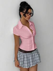 Aloruh 女士优雅纯白色短袖褶腰衬衫，通勤、日常穿着、办公室、春夏季通用 - 粉色 - 查看 3