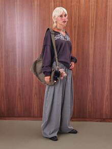 COUREZ Low Rise Striped Baggy Barrell Trousers /Y2K  Clothes For Women Spring Clothes For Women  Outfits For Women Wide Leg Pants - Black - View 7