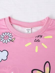 Sparklyn 2 件套复古美式英语图案运动衫和裤子套装，适合少女 - 玫紅色 - 查看 6