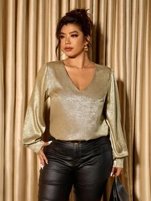Cravure Plus Size Elegant V-Neck Foil Fabric Blouse For Commuting Fall Cloth For Women - Gold - View 5