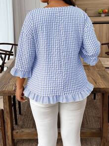 Weeklong Plus Size Women's Round Neck 3/4 Sleeve Plaid Ruffle Hem Casual Shirt Fall - Baby Blue - View 2