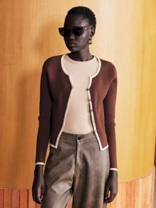 Lumivelle Women's Casual Contrast Color Single-Breasted Knit Cardigan, Autumn Fall Winter Cloth For Women - Coffee Brown - View 5