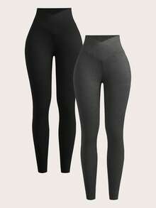 SHEIN EZwear 女士休闲纯色高腰紧身裤 - 深灰色 - 查看 1