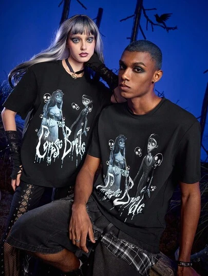 Corpse Bride X SHEIN Men's Cartoon Figure Graphic Round Neck Short Sleeve T-Shirt