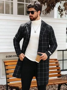 Manfinity Homme Men's Casual/Business Minimalist Long Sleeve Plaid Overcoat Fashion , Fall/Winter - Black - View 1