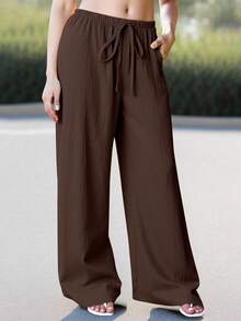 ReShift Pantalones anchos de unicolor casuales de talla grande - Marrón - Ver 7