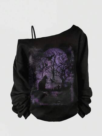 Plus Size Gothic Dark Grave Halloween Mysterious Dark Horror Cat Forest Asymmetrical Shoulder Sexy Hooded Sweatshirt