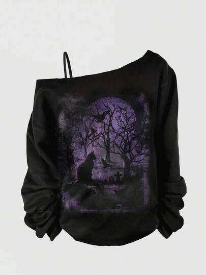 Goth Große Größen Gothic Dark Grave Halloween Mysteriöser Dunkler Horror Katzen Wald Asymmetrische Schulter Sexy Kapuzen-Sweatshirt