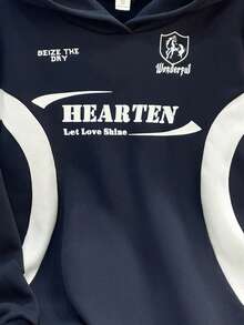 SHEIN Teen Girl Colorblock Letter Print Pattern Loose Casual Hoodie Sweatshirt,In Fall/Winter