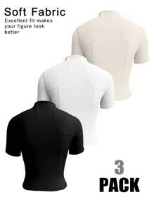 Easithlete 3件装女士修身高领短袖外套，性感时尚，适合跑步、健身、户外活动，3件装上衣 - 彩色 - 查看 3