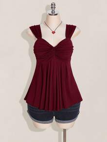 CurvyTilda Plus Size Women's Wine Twist Front Sleeveless Babydoll Knit Top, Y2K Style, Suitable For Graduation/Back To School Season, Summer Cute Tops