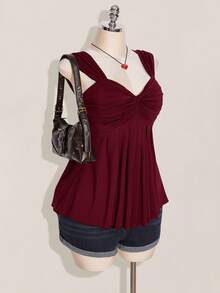 CurvyTilda Plus Size Women's Wine Twist Front Sleeveless Babydoll Knit Top, Y2K Style, Suitable For Graduation/Back To School Season, Summer Cute Tops