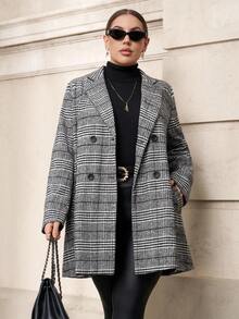 Chikora 大码灰色格子大衣，休闲商务通勤格纹夹克，秋冬季，灰色格子大衣，灰色大衣，秋冬保暖外套，女士长款外套，休闲工作日常穿着，灰色外套，保暖外套，女士冬季服装，女士秋季服装，圣诞节服装，新年服装 - 黑與白 - 查看 10