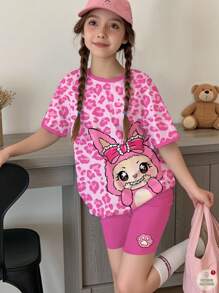 SHEIN Leap Crew 2pcs Tween Girls Casual Minimalist Pink Leopard Print & Cute Cartoon Graphic Short Sleeve T-Shirt And Shorts Set, Suitable For Summer Kawaii Clothes For Kids Cartoon Pattern Girls Set Pink Girls Outfit - Multicolor - View 1