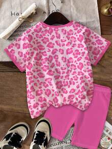 SHEIN Leap Crew 2pcs Tween Girls Casual Minimalist Pink Leopard Print & Cute Cartoon Graphic Short Sleeve T-Shirt And Shorts Set, Suitable For Summer Kawaii Clothes For Kids Cartoon Pattern Girls Set Pink Girls Outfit - Multicolor - View 3