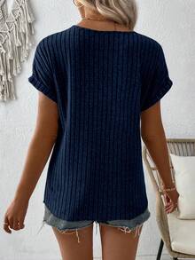 EMERY ROSE Women's Casual Everyday Solid Color Ribbed Knit Notched Neck Button Decor Short Sleeve T-Shirt, Summer - Navy Blue - View 2