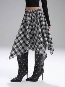 LYSMO 2025新款女士秋季时尚格子不对称A字裙，尽显优雅乡村风情 - 黑與白 - 查看 6