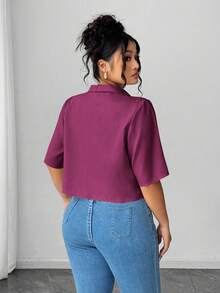 Elenzga Blusa elegante corta con pliegues y lazo delantero para mujer - Morado - Ver 2