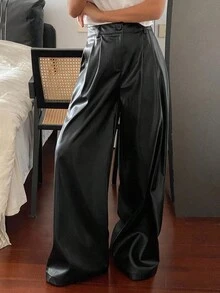 Livesso 女士休闲纯色PU皮革宽松长裤，适合日常穿着和商务场合 - 黑色 - 查看 6