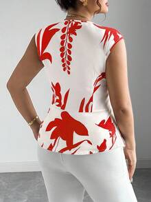 Elenzga Plus Size Women's Woven Digital Placement Print Square Neck Sleeveless Cinched Waist Asymmetric Hem Casual Vacation Romantic Elegant Blouse - Red - View 2