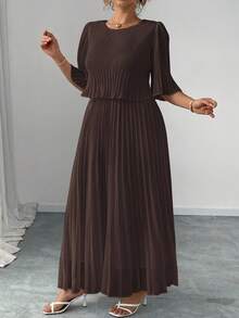 Elenzga 大码纯色优雅淑女雪纺百褶连衣裙，春夏 - 咖啡棕 - 查看 3