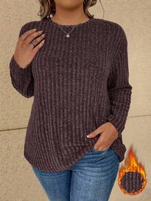 Vionelle Plus Size Casual Ribbed Knit Pullover T-Shirt, Autumn/Winter Formal Maroon - Coffee Brown - View 6